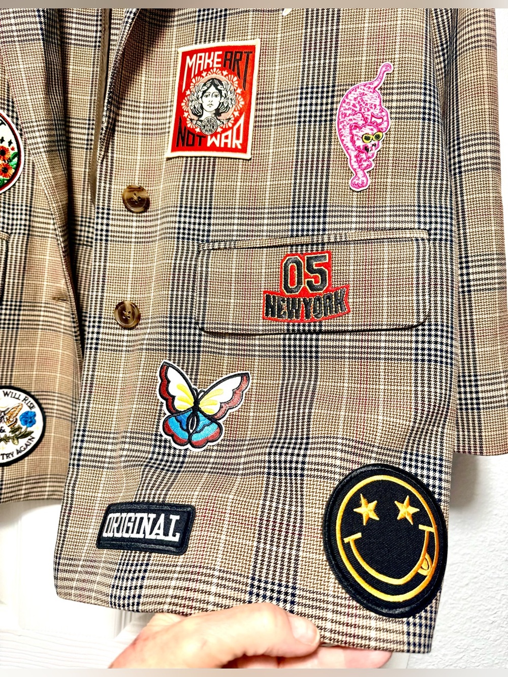 Upcycled Old Navy Plaid Blazer with Colorful Embroidered Patches - Picture 9 of 13